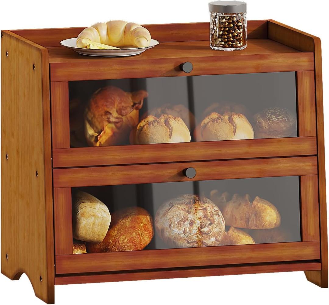 BAMBANG Bread Box for Kitchen Countertop, Extra Large Bamboo Bread Storage Container for Homemade Bread, Double Layer Sourdough Breadox, Bread Bin Organizer for Counter Cabinet Pantry, Brown