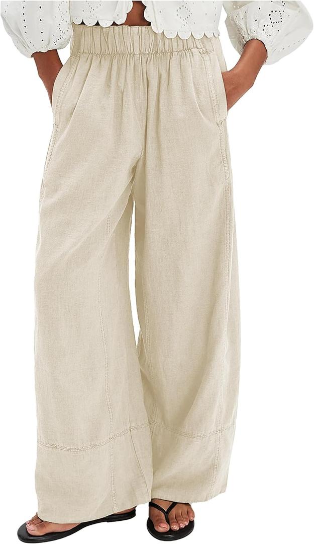 Women's Linen Wide Leg Pants Elastic Waist Summer Boho Palazzo Pants Beach Vacation Casual Trousers with Pockets (Apricot-S)