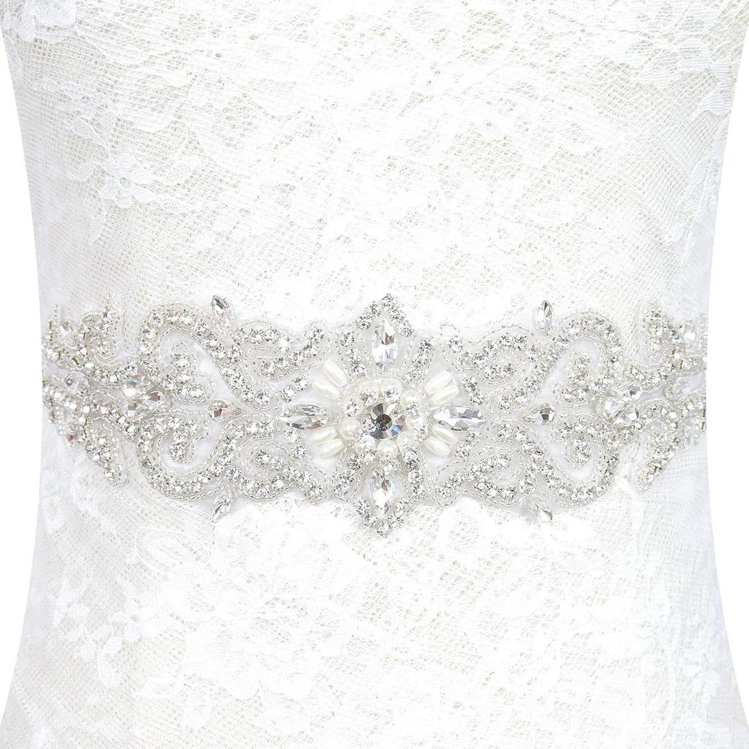 Rhinestone Belt Bridal Crystal Pearl Wedding Sash Bead Trim Women Gowns Sash (White)