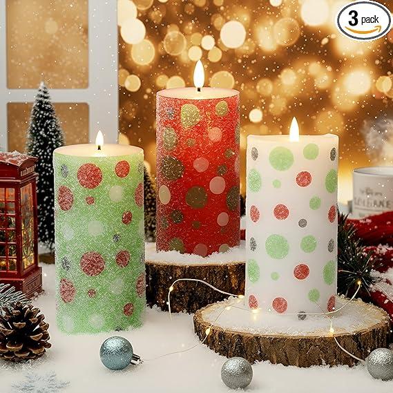 Set of 3 Christmas Flameless Taper Candle Frosting White Red Green Polka Dot Elf Theme Pillar Candles Battery Operated Moving Flame LED Candle for Home Xmas Wedding Holiday