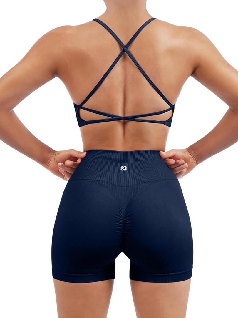 SUUKSESS Women Seamless Workout Sets Strappy Sports Bra High Waist Booty Shorts Outfits, Size Medium