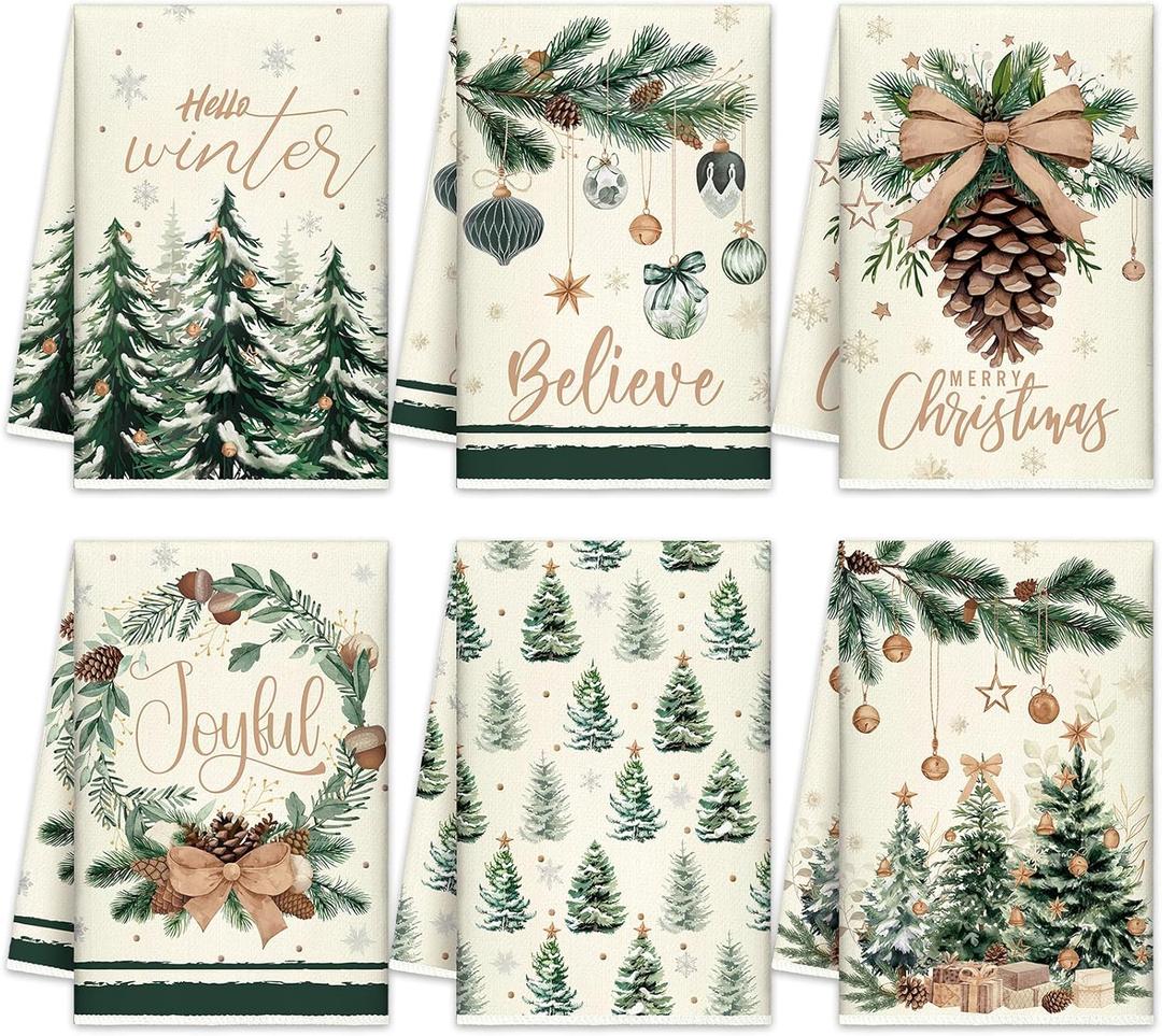 FuWeave 6 Pcs Winter Kitchen Towels Vintage Frost Dish Towels 21 x 14 Inch Decorative Hello Winter Bathroom Hand Towel Holiday Green Tea Towel for Kitchen Farmhouse Gifts
