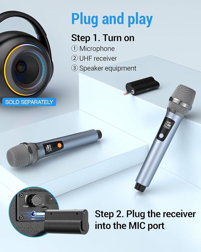 Meloace Rechargeable Wireless Microphone, Two Metal UHF Microphones with 1/4" Receiver, Plug-and-Play for Karaoke Singsing, Lecture, Stage Performance, PA System (Gray - One Mic)