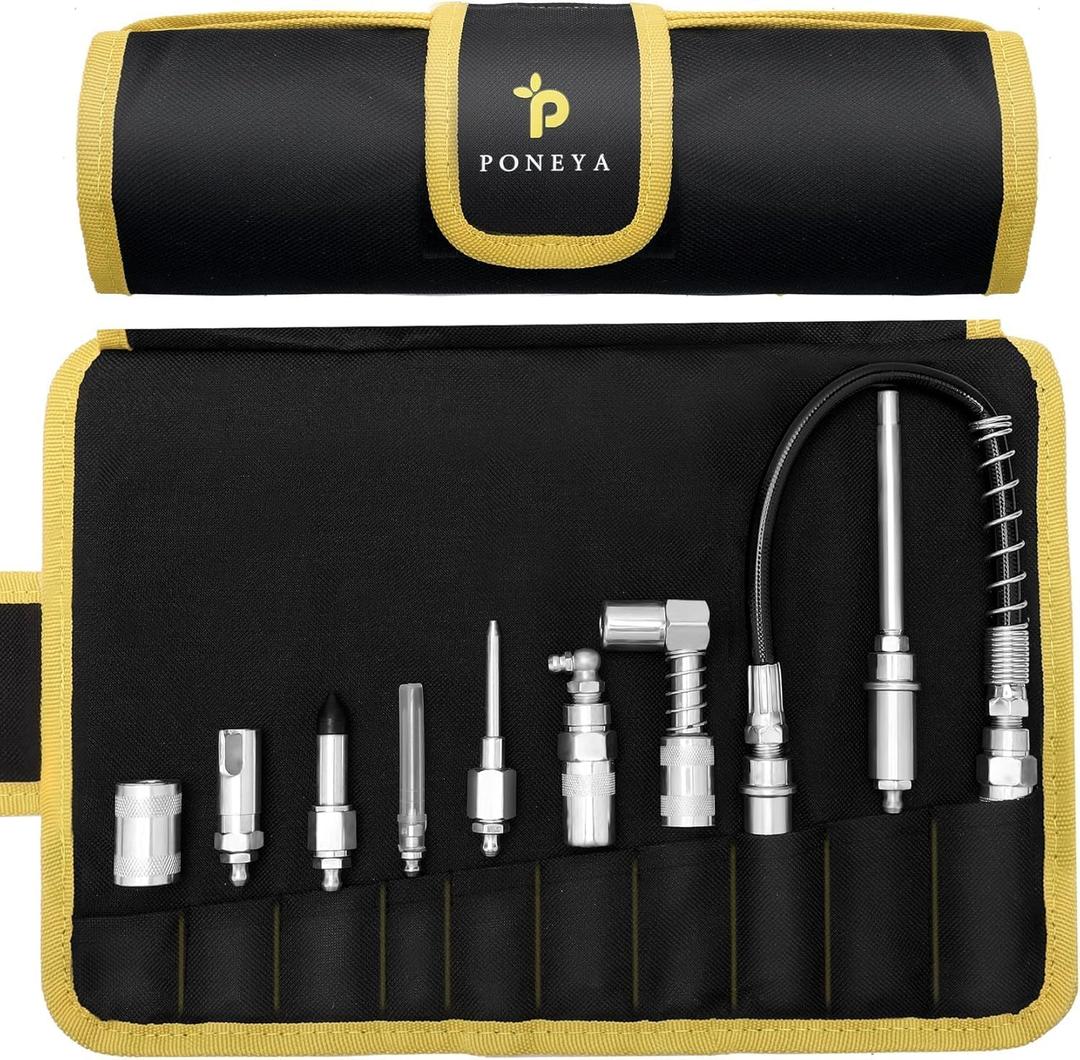 Poneya 9 PCS Grease Gun Couplers, Quick Connect Greasing Accessory Kit with Grease Gun Tips 12" Flex Hose & Roll Up Case, Perfect for Quick Release Grease Couplers to Reach Any Grease Fitting