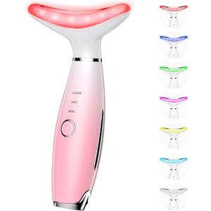 7 Color Galvanic Machines - Red Light Therapy for Face and Neck, Face Massager Tool for Wrinkles, Double Chin, Vibrating Facial Massager with Thermals, Pink