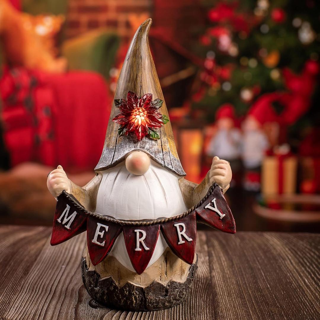 Christmas Santa Gnomes Figurine with Lights, Light Up Gnome Decorations for Home Indoor, Wooden Santa Claus Gnome Tabletop Decor Polyresin 9.45 Inch