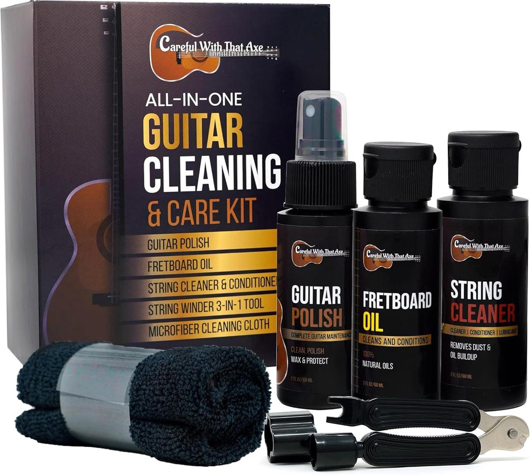 Guitar Cleaner Polish, String Cleaner, Winder and Fretboard Oil Care Kit | MADE IN USA | Guitar Oil and Cleaner for Body, Strings and Fretboard Fingerboard - Cleans, Polishes, and Protects (1 Pack)