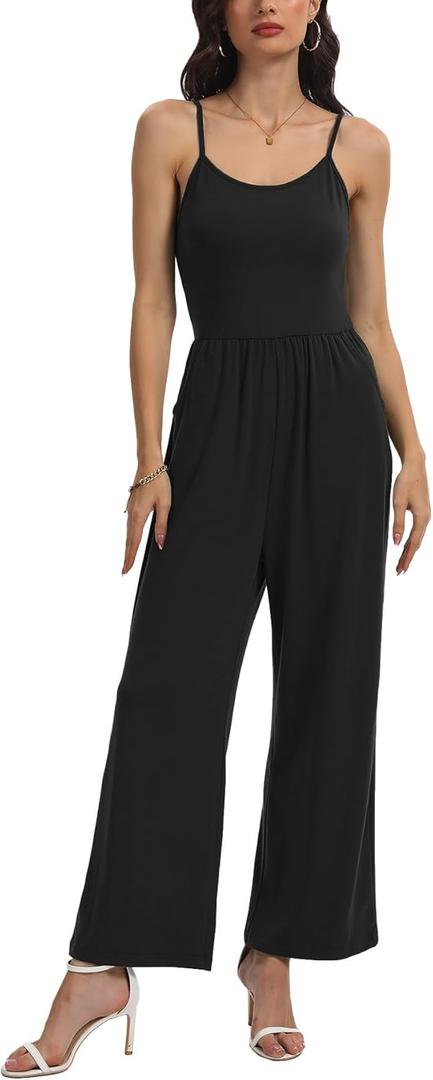 STOLKISS Jumpsuit for Women Summer Casual Sleeveless Spaghetti Straps Jumpsuits Backless High Waist Wide Leg One Piece Romper, Black, XL