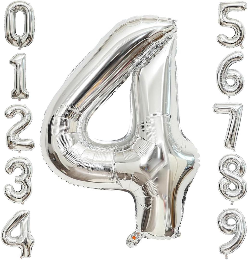 4 Number Balloons Silver 4 Balloons Number 40 Inch Number 4 Foil Mylar Balloons for 4 Birthday Anniversary Events Party