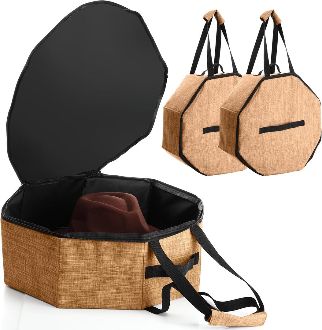 2 Pcs Cowboy Hat Box for Storage Collapsible Sturdy Cowboy Hat Case with Handle for Men and Women Travel Storage Organizer Large Cap Bag for Closet (Brown)