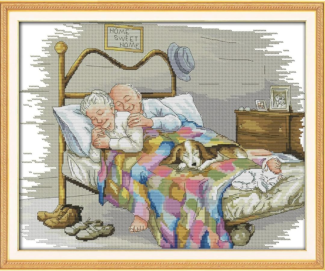CROSSDECOR Stamped Cross Stitch Kits Full Range of Patterns Embroidery Starter Kits for Beginners Printed Cross-Stitch Sets for Home Decor DIY 14CT 2 Strands - The Old Married Couple