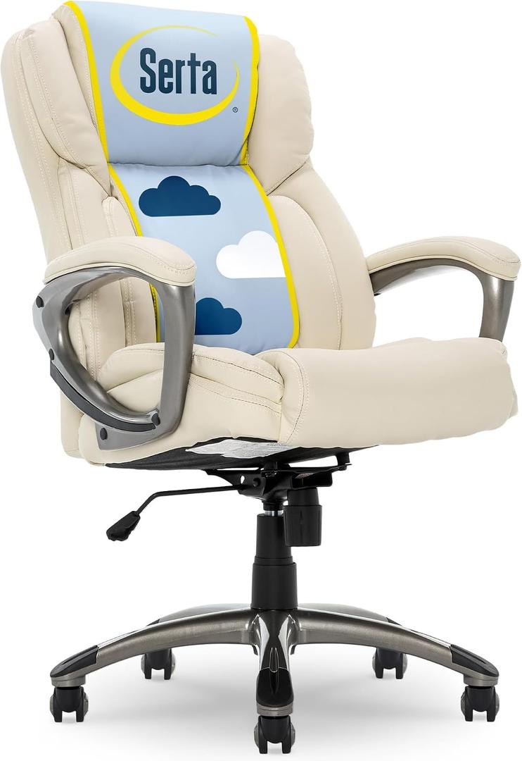Serta Garret Executive Office Chair, Ergonomic Mid-Back with Lumbar Support, Semi-Plush Cushion and Body Pillows, Padded Armrests, Swivel Base, Bonded Leather, Ivory White, High-back