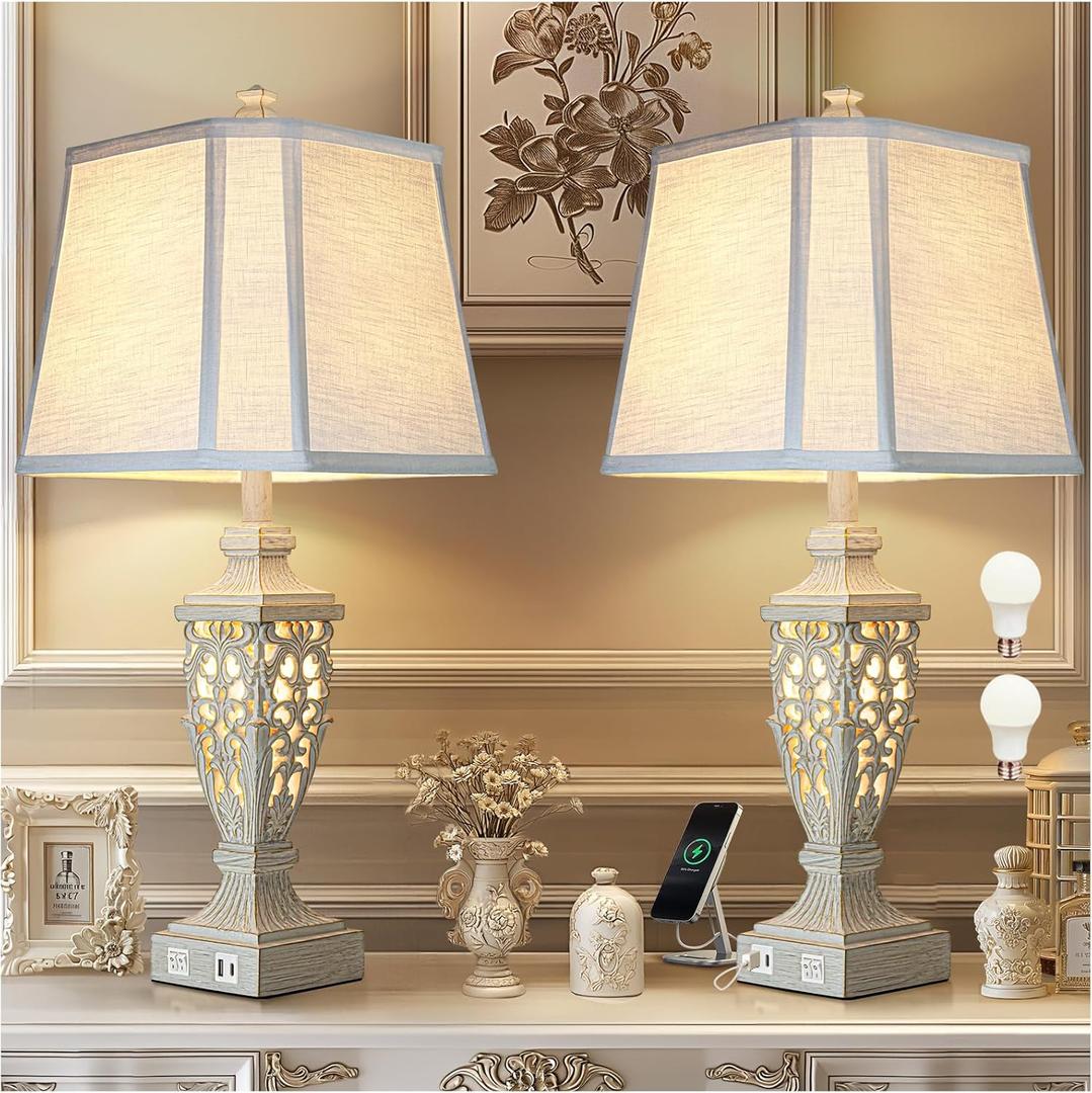28.5" Lamps for Living Room - Table Lamps Set of 2 with Night Light,Bedside Lamp with White Linen Cut Corner Shade - for Bedroom Room and Nightstand with USB A+C Ports- for Office Hotel(Bulb Included)