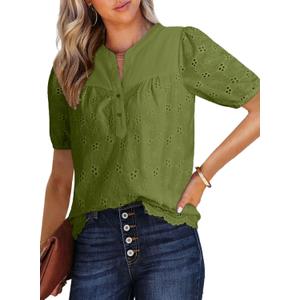 Dokotoo Women's Dressy Casual Lace Blouses Summer Tops Half Sleeve V Neck Buttons Hollow Out Embroiderey Shirts (Green)