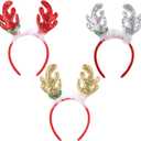 Christmas Reindeer Antlers Headband, 3 PCS Glitter Elk Antlers Hair Bands, Gold Sequin Deer Antler Headwear for Women Girls Xmas Cosplay Costume Hair Accessories Holiday Party Favor Supplies