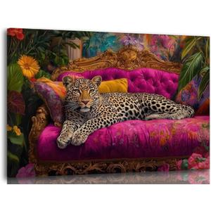 Cheetah Lying On Pink Sofa Canvas Wall Art Eclectic Leopard Wall Decor Pictures Maximalist Animal Portrait Poster Prints for Living Room Home Bedroom Home Decoration 24x36in Ready to Hang