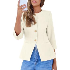 Simplee Womens Business Casual Blazers Spring Fashion Collarless Button Down 3/4 Sleeve Dressy Blazer Jacket Work Outfits (Large, Off-white)