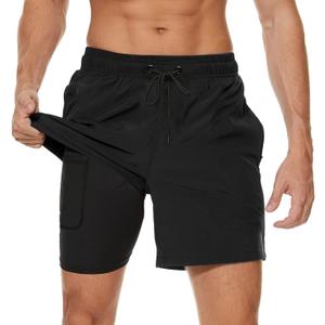 Arcweg Mens Swim Trunks with Compression Liner 2 in 1 Beach Swimming Trunks Quick Dry Swim Shorts with Zipper Pockets (X-Small, Black)