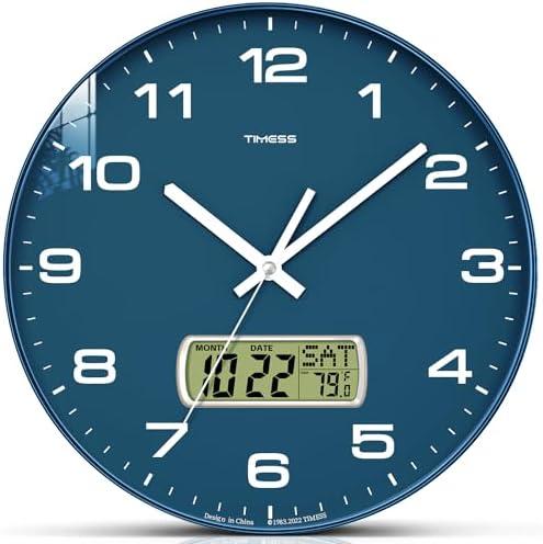 TIMESS Wall Clock, 10" Dial Non-Ticking Silent Battery Operated Analog with LCD Display for Perpetual Calendar and F° Temperature, Ideal Modern Home, Bedroom, Kitchen, Office Decor (Blue)