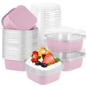 100Pcs Square Aluminum Baking Cake Pans with Clear Plastic Lids, Foil Pie Tin Tart Pans Disposable Ramekins Browni Baking Cups Dessert Cups for Wedding Birthday Party,5oz Pink