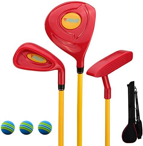 PGM Children's Golf Club Set - Can Hit Real Balls, 3 Pieces Clubs Includes Wood, Iron, and Putter, Great for Beginner Boys and Girls, Instructional Training Set