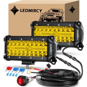 7 Inch LED Light Bar Kit with Round Toggle Switch Wiring Harness 2 Lead Yellow LED Pod Light Triple Rows Spot Flood Combo Beam Waterproof Off Road Lights for Truck Boat ATV SUV UTV, Yellow