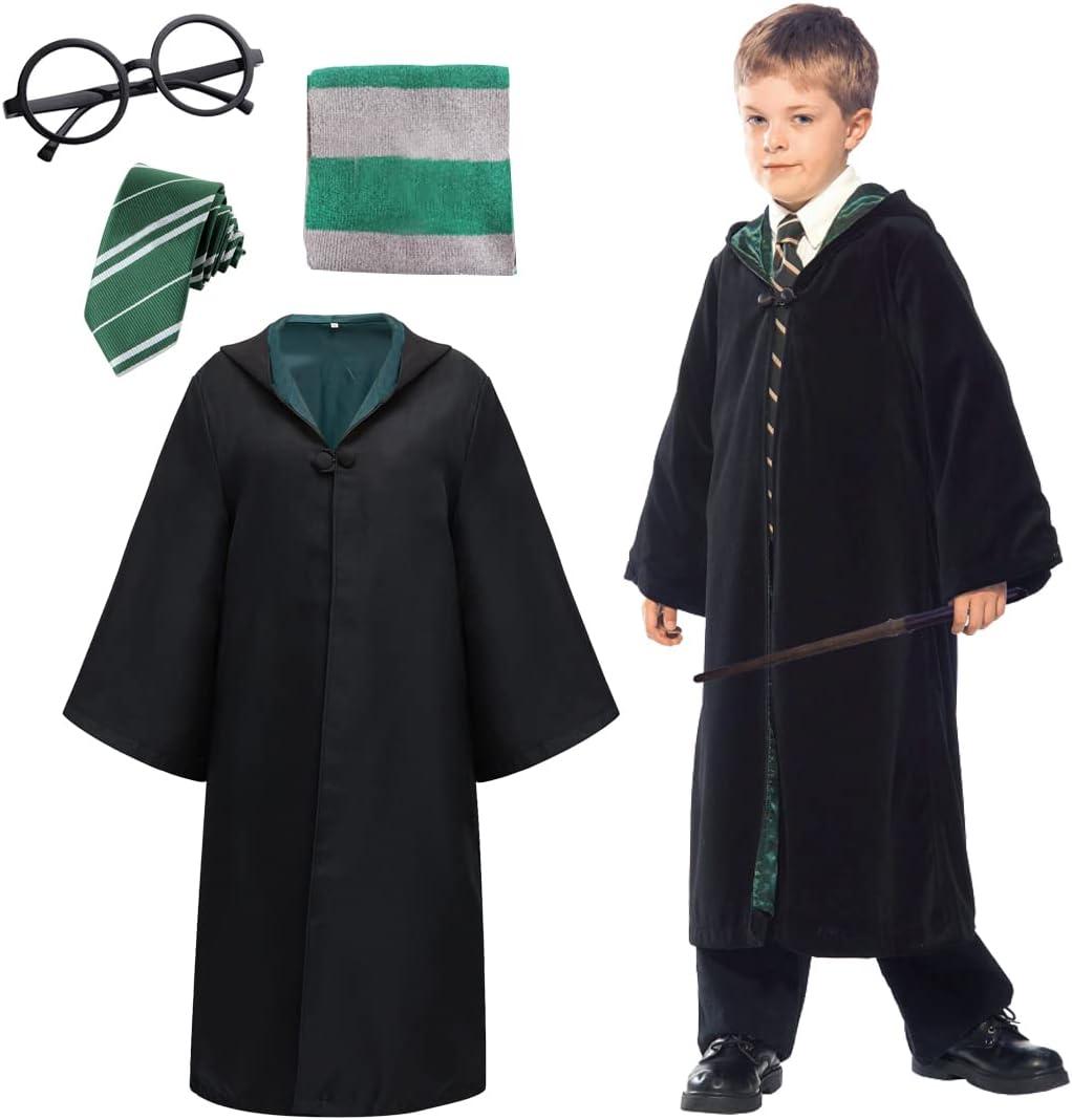 Wizard Costume Children, Magician Robe, Wizard Cape Costume Set for Children Adults, with Tie, Scarf and Glasses, Unisex Uniform College Costume for Carnival, Halloween Magician Cosplay
, Size 2XL