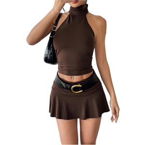 Verdusa Women's Y2k Skirt Sets 2 Piece Outfits Going Out Set Backless Halter Top and Ruffle Mini Skirt Sets (Medium, Coffee Brown)