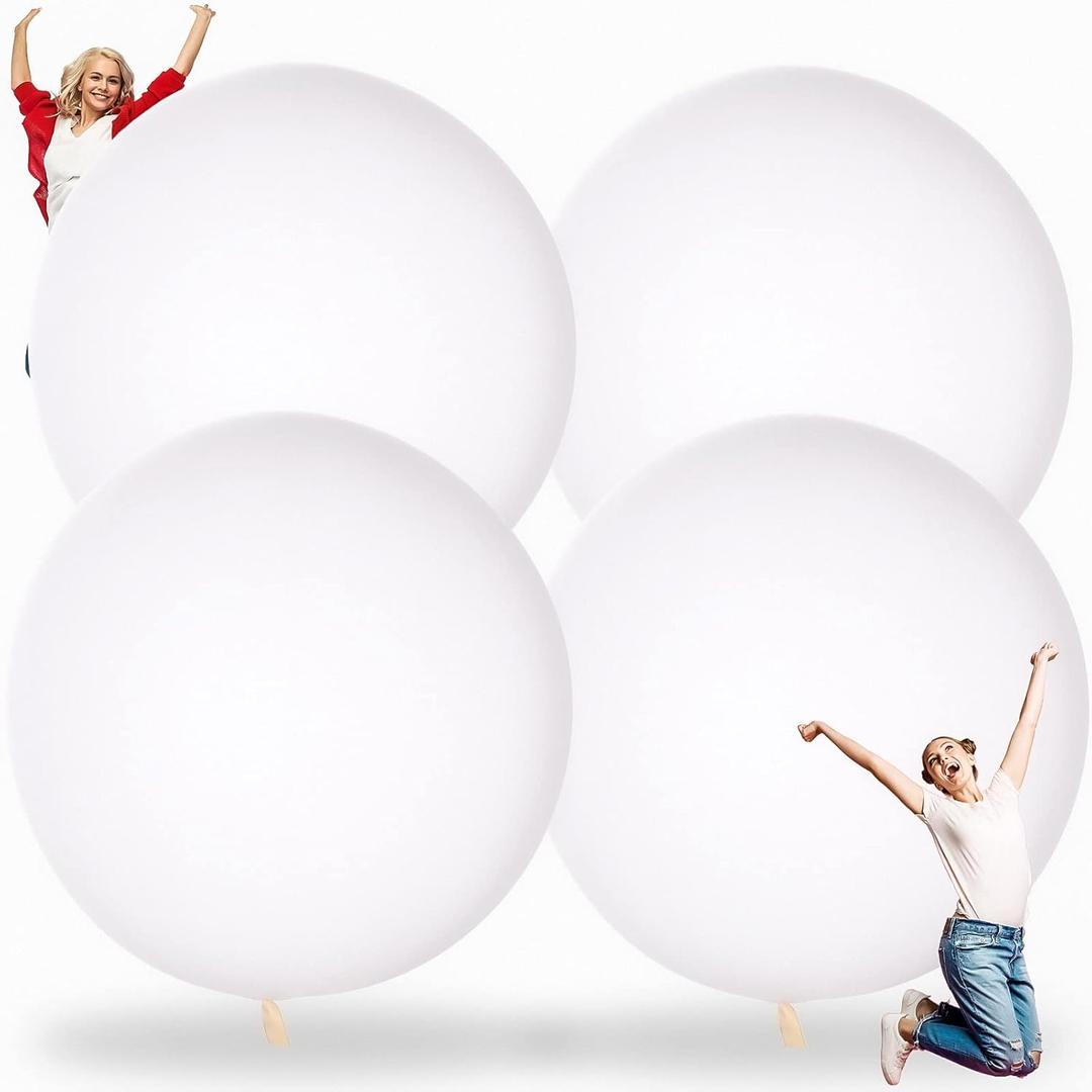 Karenhi 4 Pcs 72 Inch Giant Balloons Big Round Latex Jumbo Balloons Heavy Duty Inflatable Ball for Birthday Bridal Shower Party Decorations, Inflate with Air and Helium(White)