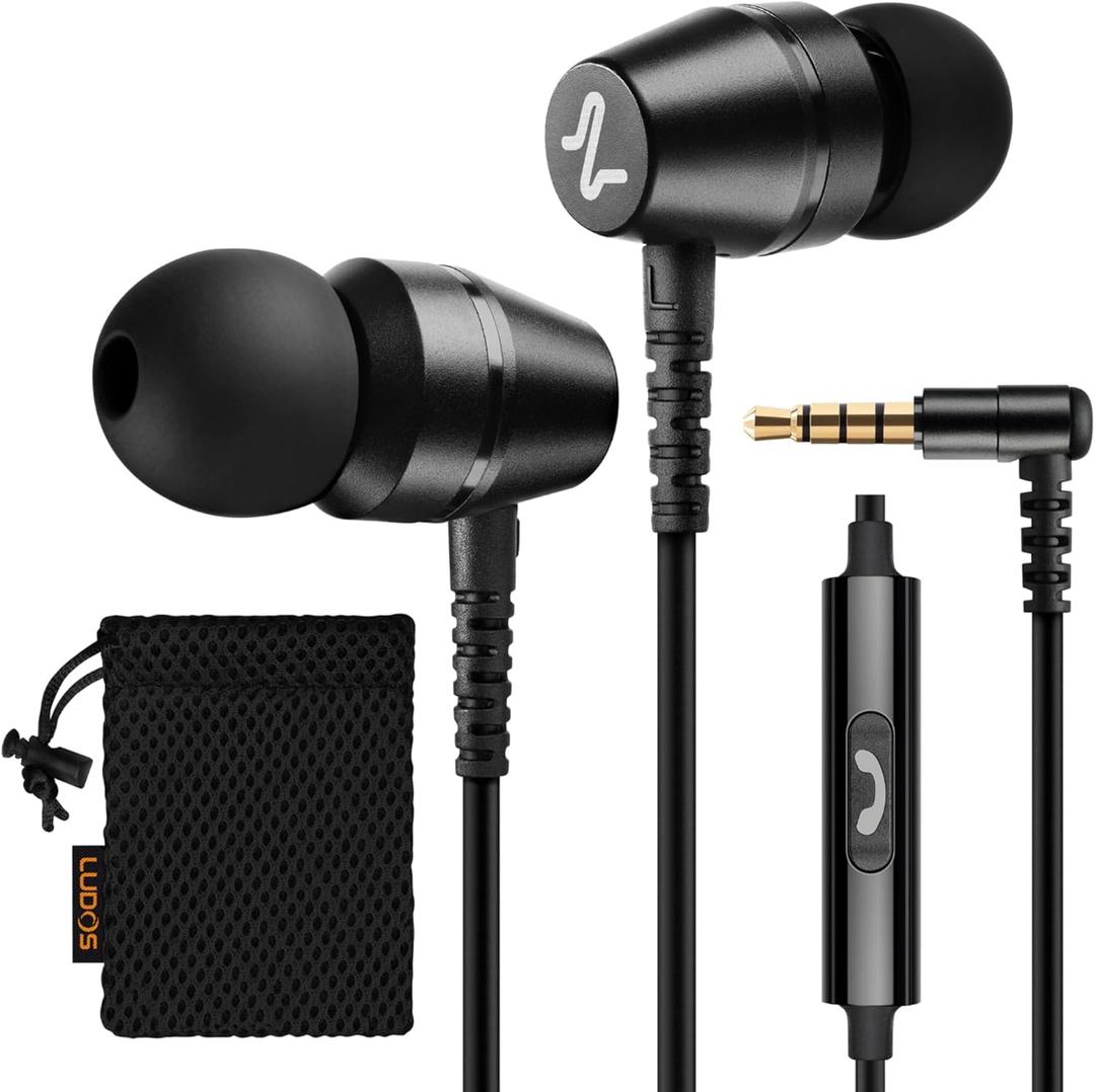 LUDOS OMNITONE Wired Earbuds in-Ear Headphones, Earphones with Microphone, 3.5 mm Jack Corded Ear Buds, Videoconference for iPhone, Samsung, Computer, Laptop, Kids, School Students (Black)