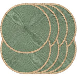 Noctiflorous Round Placemats Set of 8, 15 Inch Braided Hand Woven Table Mats, Heat Resistant Non-Slip Wipeable Thin Edge Place Mats for Kitchen Dining Indoor Outdoor Use(Green, 8)