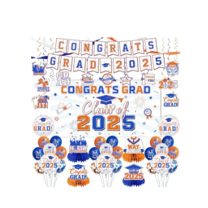 2025 Graduation Decorations-Class of 2025 Decorations Set with Congrats Grad Backdrop,Banner,Honeycomb Centerpiece and Balloons for Blue and Orange Graduation Party Supplies