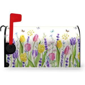 Spring Tulip Floral Mailbox Covers Magnetic Standard Size 18 X 21 Inch Summer Spring Flower Butterfly Mailbox Cover Post Box Cover Wraps for Home Yard Decorations