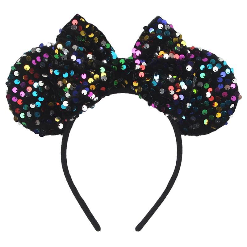 Glittery Mouse Ears Headband, Black, Colorful Sequins, Girls Costume Party Accessory; LM-H, One size fits all