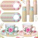 Umigy 36 Sets Tea Party Decorations Floral Paper Tea Cups with Handle and Plates Disposable Blossom Teacups Saucers Sets with Tape for Hot Cold Drink Birthday(Blue Pink, 6.5 oz)