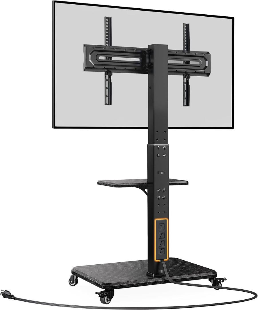 Perlegear Mobile TV Stand with Power Outlet, Tilt & Swivel Rolling TV Stand for 32-75 inches TVs up to 110 lbs, 12 Height Adjustable Rolling TV Cart with Wheels, Max VESA 600x400mm, PGTVMC17