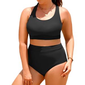 Aqua Eve Plus Size Two Piece High Waisted Bikini Swimsuits Scoop Neck Bikini Set Sporty Bathing Suits (Black) 16