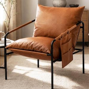 TOLVIN Modern Accent Chair, Comfy Armchair, Waterproof Living Room Chair with Storage Pocket,Upholstered Lounge Chairs with Metal Frame for Reading Nook, Bedroom, Dorm, Office, Brown, Standard