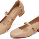 Mary Jane Shoes Women Low Heels Dress Shoes Pumps Low Heel 2 Inch Chunky Heel Mary Janes Pumps with Adjustable Ankle Strap for Women Dressy Casual, PUNude, Size6