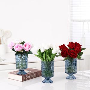 MCMCNCUIU Crystal Vases for Centerpieces, Blue Flower Glass Vases, Pedestal Glass Vases for Living Room, Bedroom, Dining Table, Birthday, Wedding, 7 inch, pack of 1