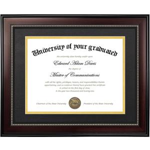 upsimples 11x14 Diploma Frame with High Definition Glass, Display 8.5x11 Certificate with Black over Gold Mat, Degree Document Frame for Wall and Tabletop, Mahogany with Gold Beads, 1 Pack
