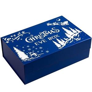 WRAPAHOLIC 1 Pcs Christmas Gift Box with Lid - 13.3 x 9 x 4 Inches Blue and White Christmas Eve Box Lettering Design Collapsible Gift Boxs with Magnetic Closure and 2 Pcs Tissue Paper