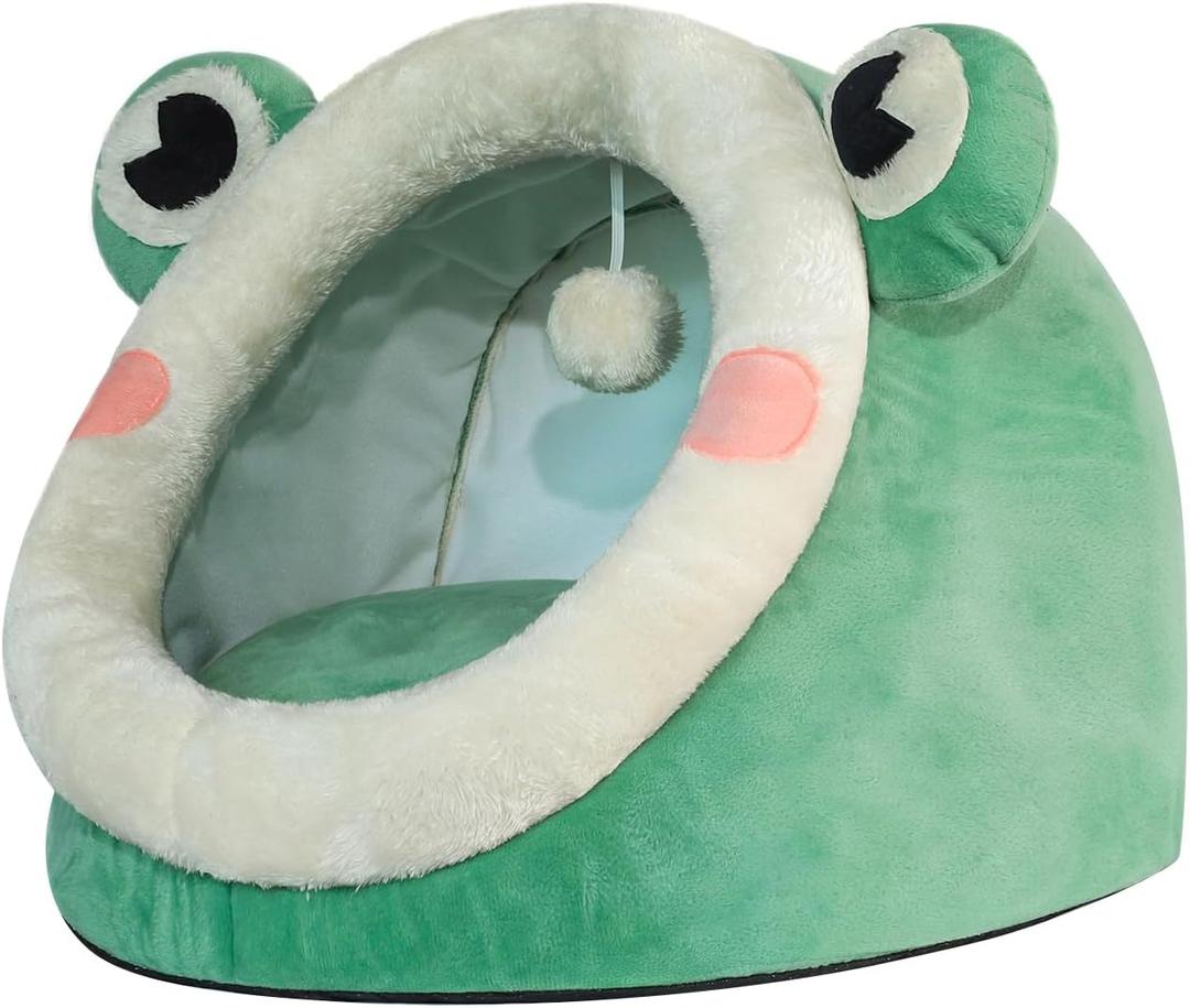 Jiupety Cute Cat Bed, Indoor Lovely Velvet Igloo for Cat, Warm Cave Sleeping Nest Bed for Puppy and Kitten, Green Frog, Size S