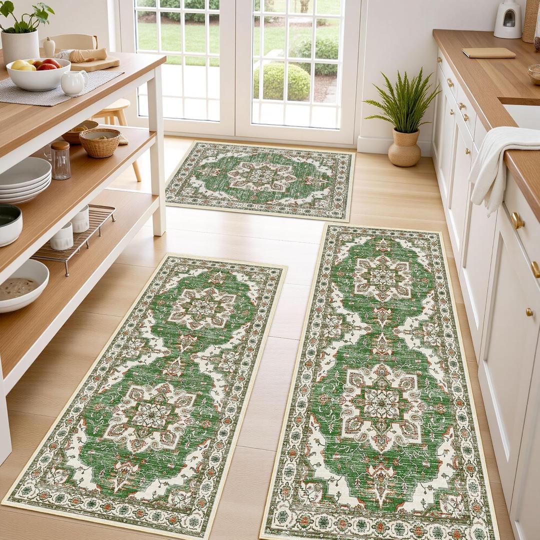 Tritard Non Slip Kitchen Rugs Sets of 3 Washable Kitchen Rug Boho Kitchen Mats for Floor Soft Kitchen Runner Rug Non Skid Kitchen Floor Carpet for Entryway Hallway Laundry Room, Green (20"x32"+20"x48"+20"x59")