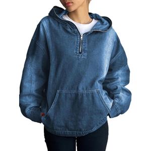 Women's Half Zip Denim Hoodie Pullover Sweatshirt Jean Jacket with Pocket (Medium, Dark Blue)