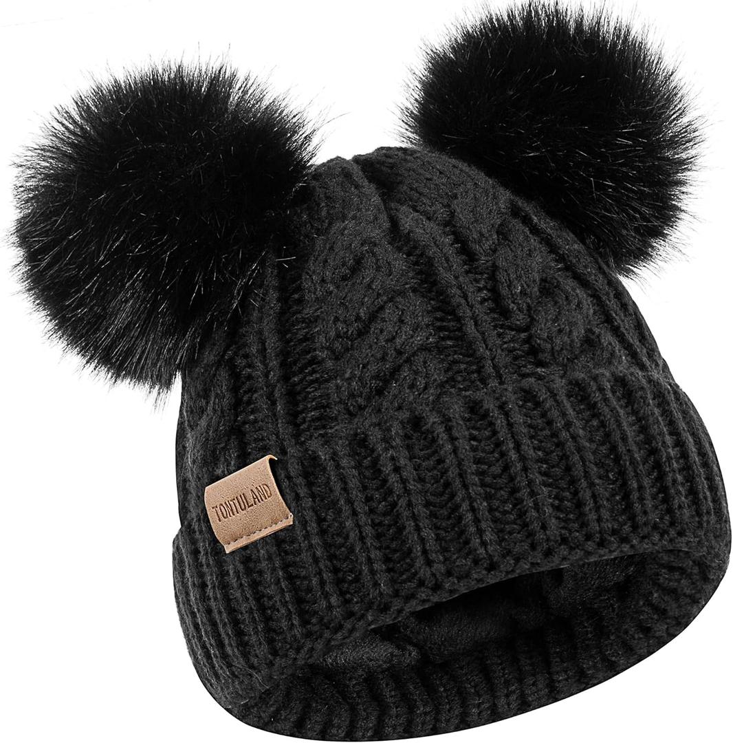 Kids Winter Beanie Childrens Warm Knitted Fleece Lined Ski Pom-Pom Warm Knit Hat for Boys & Girls 3-9 Years (Black)