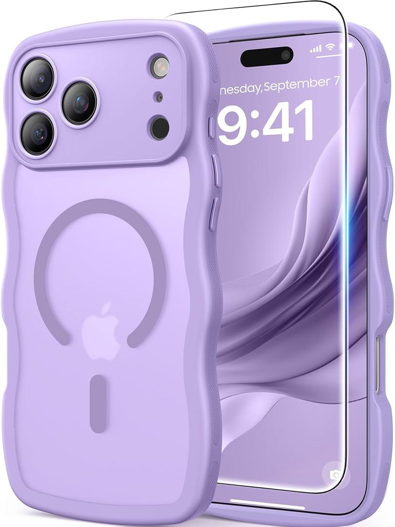 DOMAVER for iPhone 17 Pro Max Case Women Girls, 1X Screen Protector+1X Wrist Strap, [Compatible with MagSafe] [Full Camera Protection] Cute Wave Matte Phone Case for iPhone 17 Pro Max, Light Purple