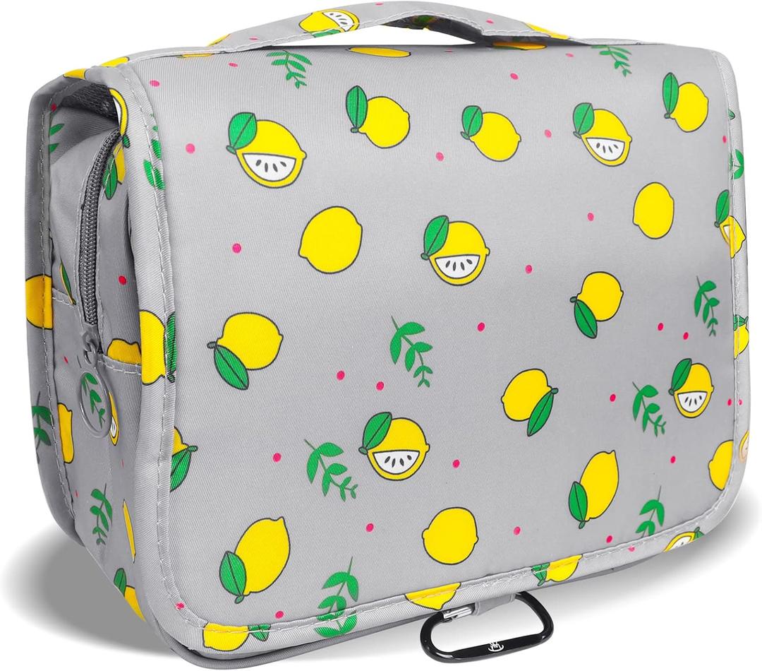 LAKIBOLE Toiletry Bag Multifunction Cosmetic Bag Portable Makeup Pouch Waterproof Travel Hanging Organizer Bag for Women Girls (Grey & Lemon-Travel Tag)