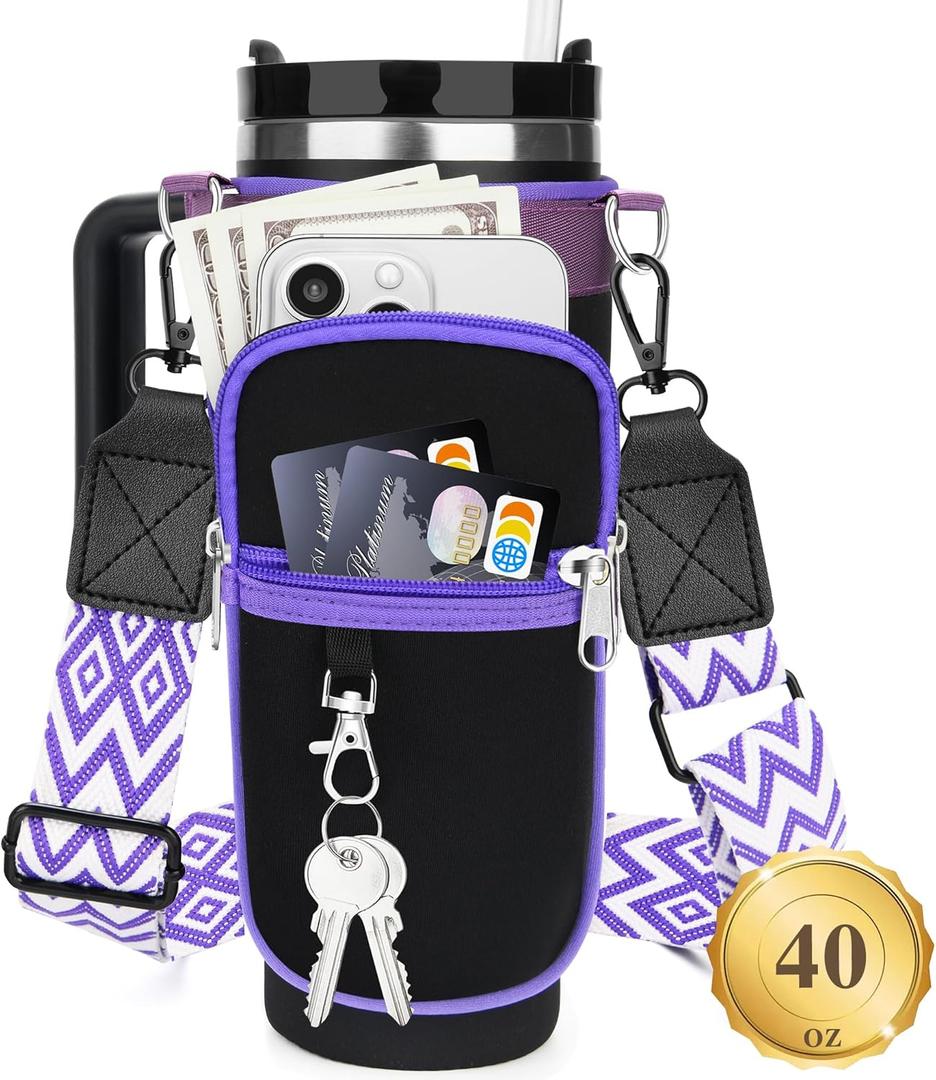 Water Bottle Carrier Bag with Canvas Shoulder Strap for Stanley 40 oz Tumbler with Handle, Water Bottle Holder Pouch with 6.7'' Phone Pocket for Stanley Cup Accessories, Birthday Gifts for Men Women
