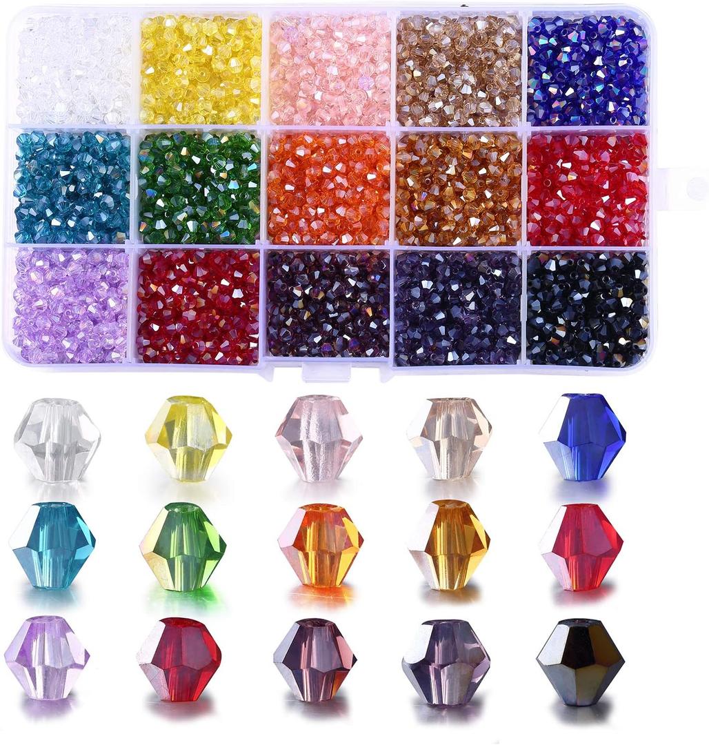 2mm Bicone Beads for Bracelet Making, FANGZHIDI 4500pcs AB Colorful Glass Beads for Suncatchers Jewelry Beading Supplies Handmade Crafts. 15 Color Assortments